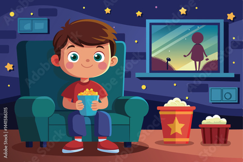A cheerful boy sits comfortably on a green chair, holding a bowl of popcorn while gazing out at a whimsical scene through the window at night.