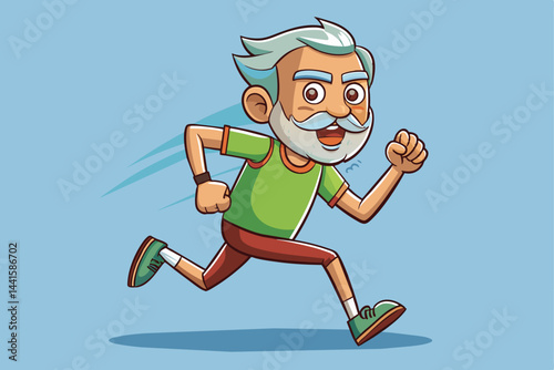 An older gentleman with gray hair and a mustache enthusiastically runs in colorful sportswear, showcasing his love for fitness and a healthy lifestyle.