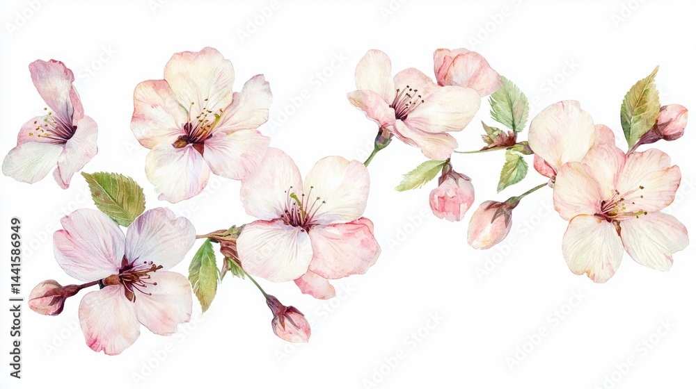 Naklejka premium Delicate watercolor illustration of pink cherry blossoms with green leaves on white background.