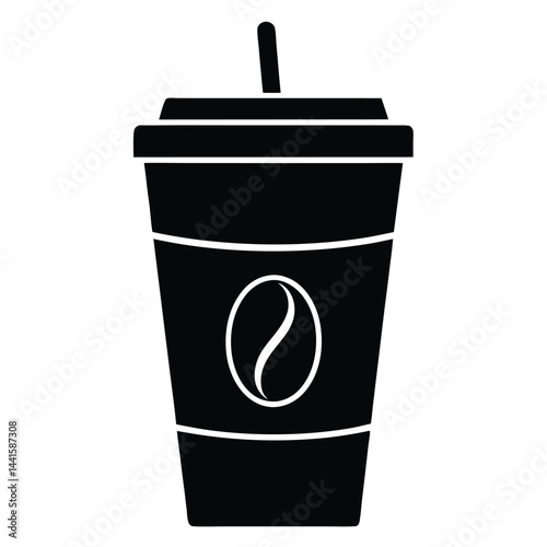 Black Coffee Cup Silhouette With Lid And Straw Icon Design.