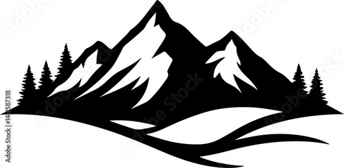 Minimalist Mountain Landscape with Pine Trees Silhouette