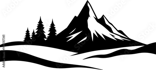 Minimalist Mountain Landscape with Pine Trees Silhouette