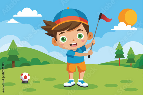 A young boy in a blue shirt and orange shorts joyfully takes a swing with a golf club, surrounded by greenery and a sunny sky with fluffy clouds.