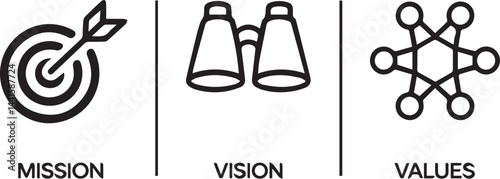 Vision, mission and values editable stroke outline icons set isolated on white background flat vector illustration