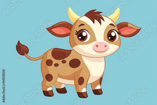 A cheerful cartoon cow with brown spots and a friendly expression stands proudly, featuring large eyes and small horns. The simplistic background enhances its playful demeanor.