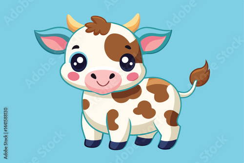 A cheerful cartoon cow stands on a light blue background, featuring big expressive eyes, small horns, and a playful demeanor, ideal for children's artwork and education.