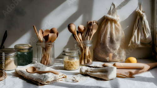 Clean and Green Kitchen Interior with Glass Jars and Natural Materials