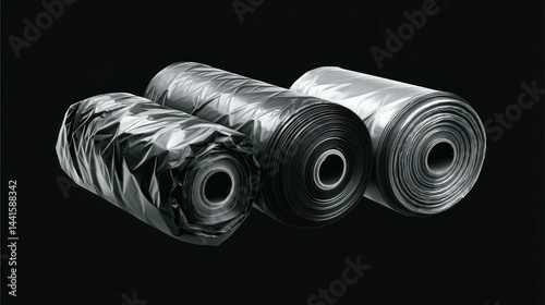 Rolls of black plastic film are arranged against a dark background, showcasing textures.