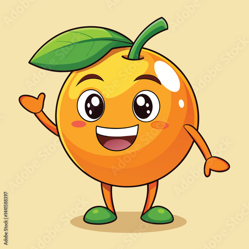 A delightful cartoon orange with expressive eyes and a big smile stands cheerfully on two green legs, waving its hand as if greeting. The background is a soft tan color.