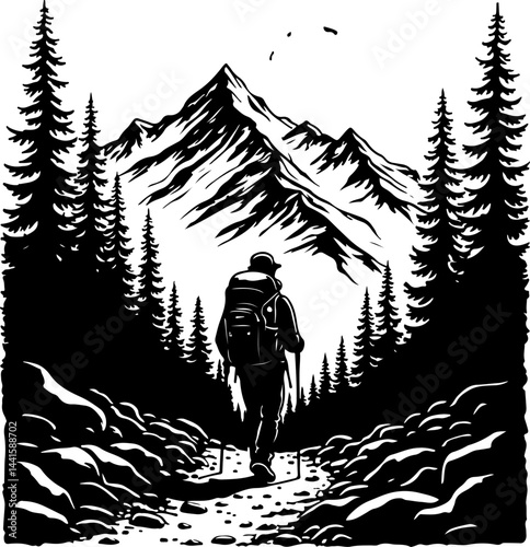 Lone Hiker in Mountain Wilderness Adventure Silhouette Illustration