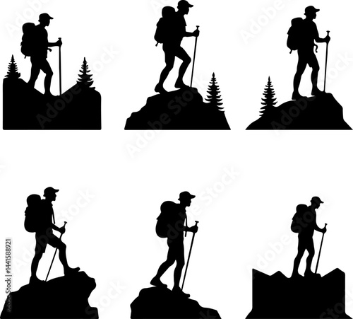 Hiker Silhouette Collection on Mountain Peaks