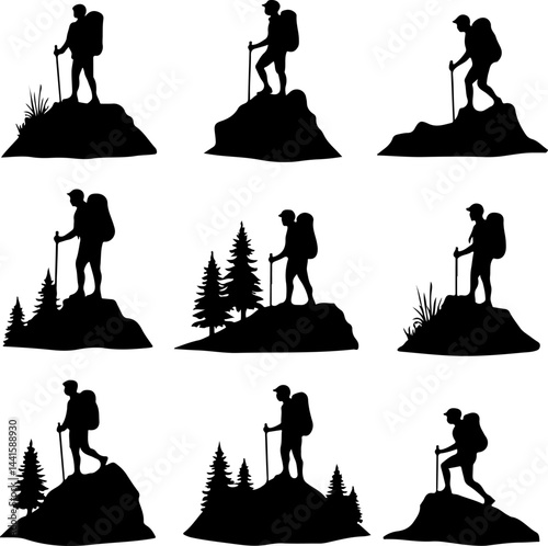 Hiker Silhouette Collection on Mountain Peaks
