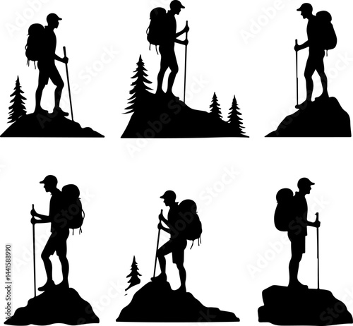 Hiker Silhouette Collection on Mountain Peaks