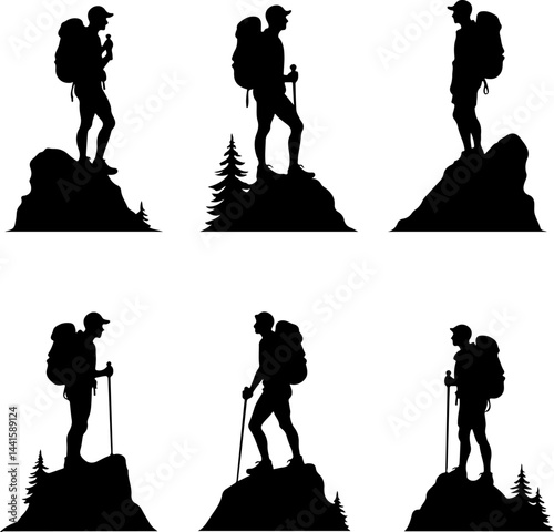 Hiker Silhouette Collection on Mountain Peaks