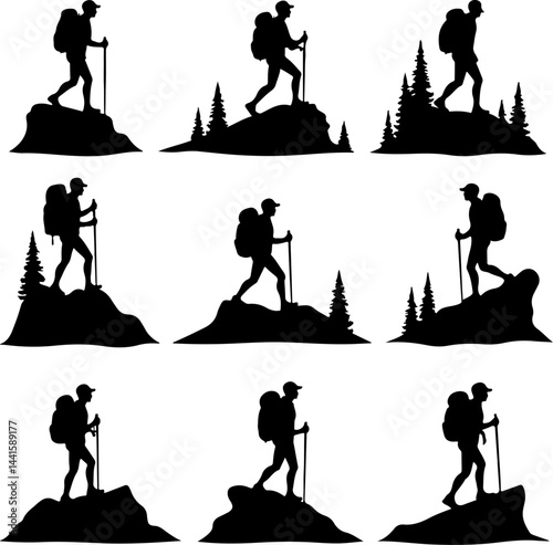 Hiker Silhouette Collection on Mountain Peaks