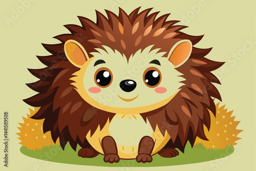 A cheerful cartoon hedgehog sits on a soft green background, its spiky brown fur and bright eyes giving it a friendly appearance. The hedgehog exudes warmth and charm.