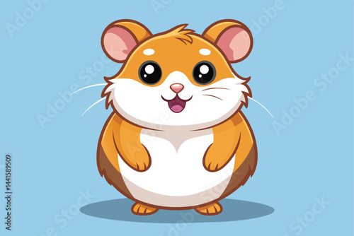 This adorable cartoon hamster is portrayed with a cheerful expression, standing upright on a light blue background, perfect for use in playful designs or children's content.