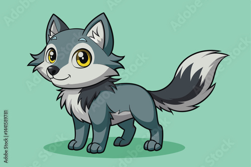 The cheerful cartoon wolf features large yellow eyes and a bushy tail, appearing playful and inviting against a solid teal backdrop.