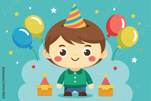 A happy child wearing a party hat smiles while standing among colorful balloons and festively wrapped gifts, embodying birthday joy and excitement.