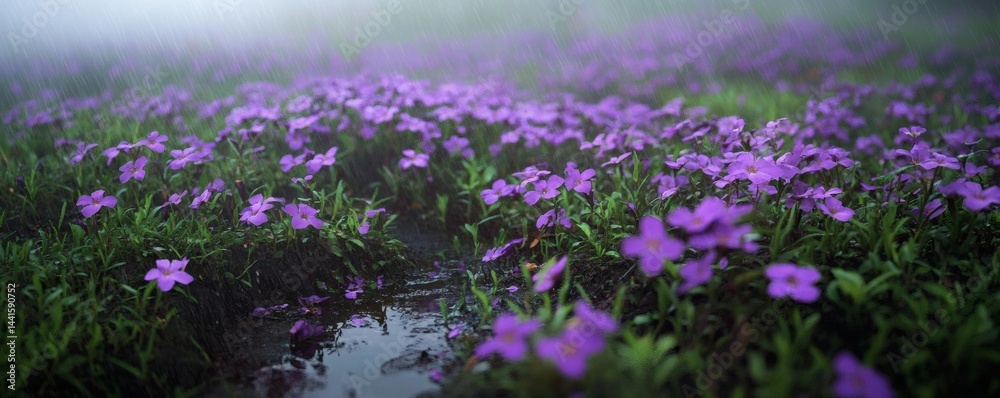 Naklejka premium A profusion of purple flowers in a misty field.