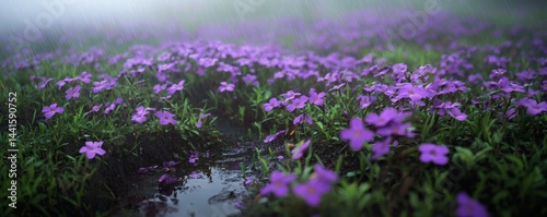 A profusion of purple flowers in a misty field.