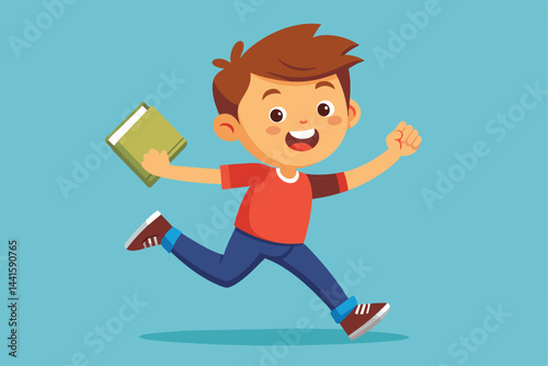 A young boy is happily running while holding a green book, showcasing excitement and enthusiasm for reading and outdoor activities.