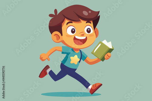 A young boy with a big smile runs excitedly, clutching a book in his hand, embodying the excitement of discovering new stories and adventures.