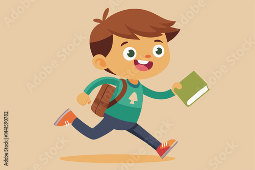 A joyful boy with a backpack enthusiastically runs while carrying a green book, showcasing a love for reading and adventure in a vibrant design.