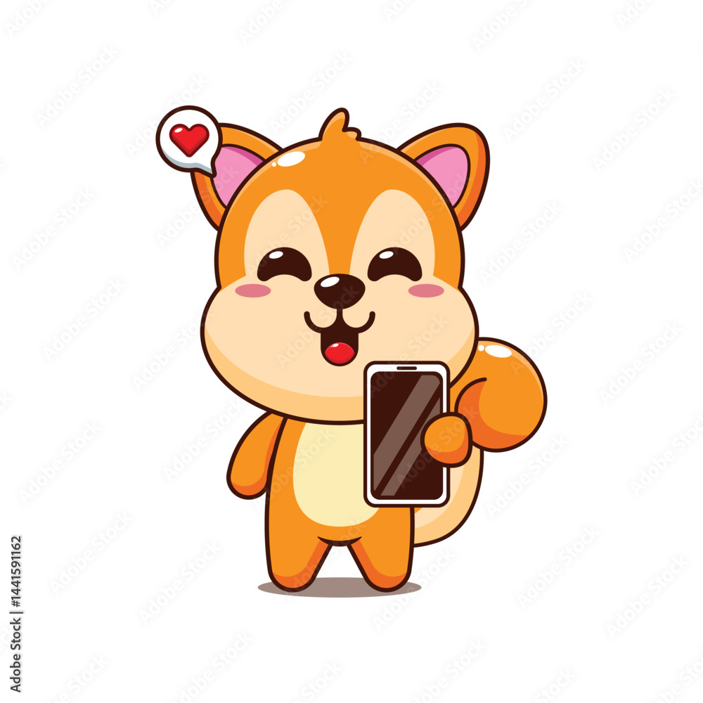 Fototapeta premium Cute squirrel cartoon vector illustration with mobile phone