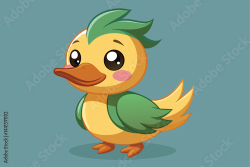 A charming cartoon duckling stands cheerfully with big eyes and colorful feathers, featuring yellow and green hues on a soft blue backdrop, ideal for playful art projects.