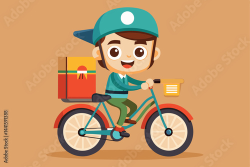 A young delivery worker enjoys riding a bicycle with a brightly wrapped gift box attached, emphasizing the joy of delivering packages to customers efficiently.
