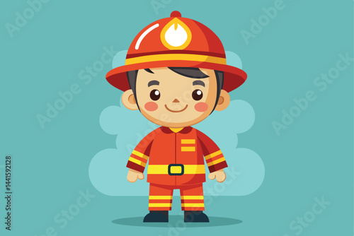 The character, wearing a red firefighter uniform and matching hat, smiles warmly while standing against a soft green backdrop, embodying bravery and fun.