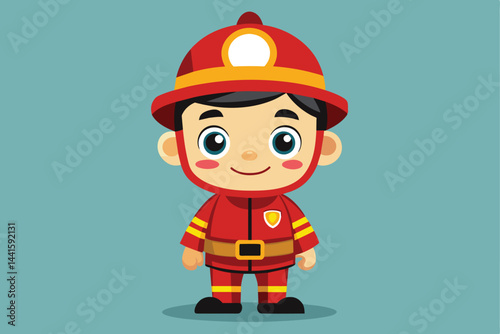 A cheerful young child dressed in a vibrant red firefighter uniform stands proudly with a big smile, embodying bravery and readiness for action.