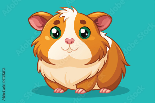 This cheerful guinea pig character is depicted with fluffy brown and white fur, bright green eyes, and a joyful smile, perfectly capturing its playful essence in a vibrant setting.