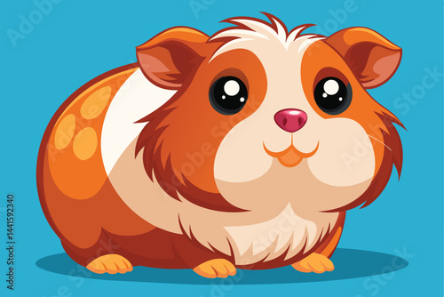 A charming cartoon guinea pig with orange and white fur sits comfortably against a vivid blue backdrop, exuding a playful energy and inviting a sense of joy.