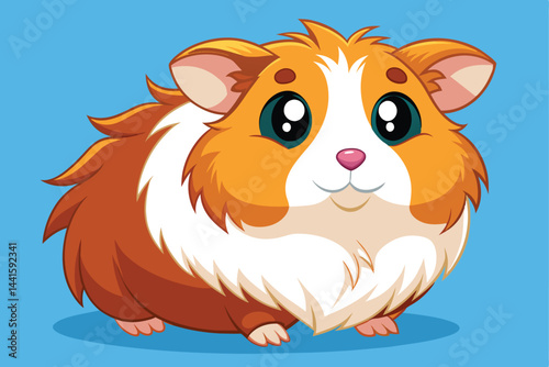 A cheerful cartoon guinea pig with fluffy orange and white fur is sitting comfortably against a bright blue background, showcasing its big, expressive eyes.