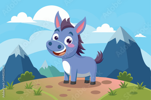 A playful donkey with a friendly smile stands in a vibrant outdoor setting surrounded by green grass, mountains, and fluffy clouds under a clear blue sky.