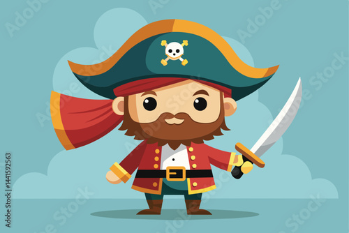 A playful cartoon pirate stands confidently with a sword in hand, wearing a vibrant hat and cape, set against a bright blue sky filled with soft clouds.