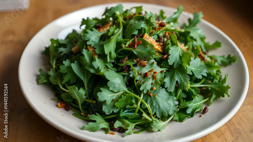 A beautifully disarranged heap of lively greens on a simple dish, accented with spices and herbs, embodying freshness and simplicity in culinary presentation.
