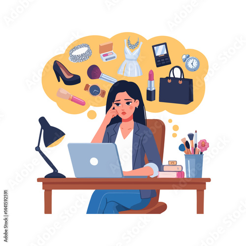 illustration of female office worker at her desk with laptop, daydreaming about her needs such as shoes, make up, clothes