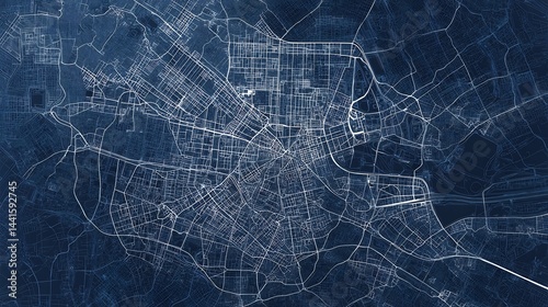 Abstract Cityscape: Detailed Aerial View in Deep Blue Tones and Intricate Lines