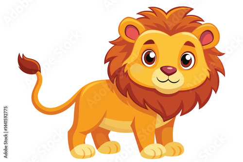 This vibrant cartoon lion features a friendly expression and stands firmly with its tail raised, making it ideal for children's books or educational materials about wildlife.