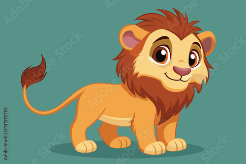 A cheerful cartoon lion with big eyes and a fluffy mane stands happily. Its charming smile and playful stance add a whimsical touch to the vibrant setting.
