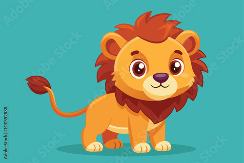 A cheerful cartoon lion stands with a vibrant orange coat and friendly expression, set against a calming turquoise backdrop, creating a fun atmosphere.