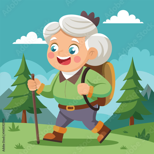An elderly woman cheerfully hikes through a mountainous landscape, surrounded by trees and blue skies, using a walking stick and wearing a backpack.