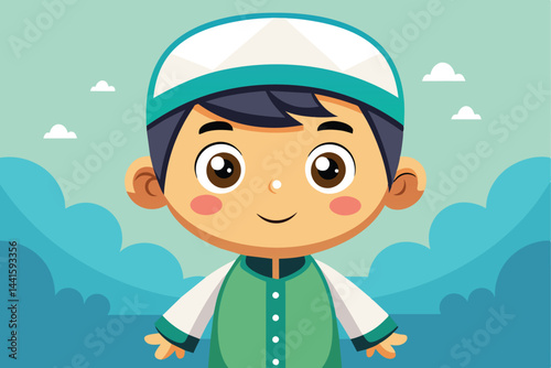 A joyful boy dressed in a traditional outfit poses with his arms outstretched against a bright, serene background filled with soft hills and clouds.