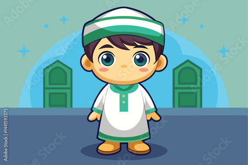 A young boy dressed in traditional attire beams with happiness as he stands in front of two green doors, embodying the spirit of celebration and culture.
