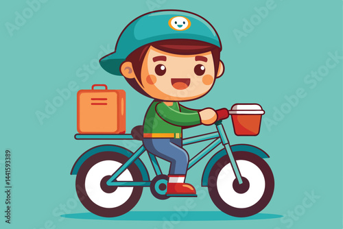 A young rider smiles while cycling through a bright urban landscape, delivering coffee and carrying a bag, showcasing an energetic delivery service.