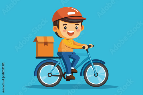 A young delivery courier is happily pedaling a bicycle carrying a package, embodying dedication to service and the joy of urban cycling on a colorful day.