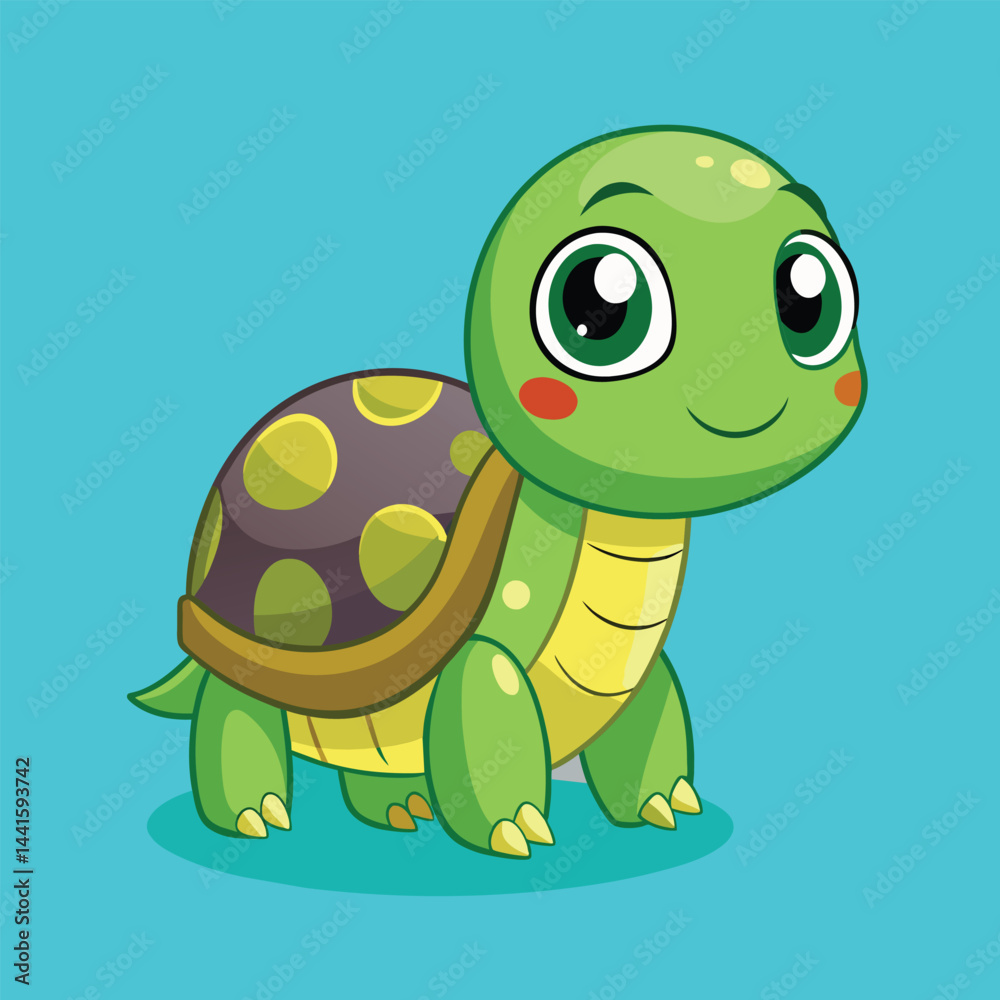 Fototapeta premium A cheerful cartoon turtle with large eyes and a colorful shell stands on a bright blue background, exuding a playful and friendly vibe that appeals to children.